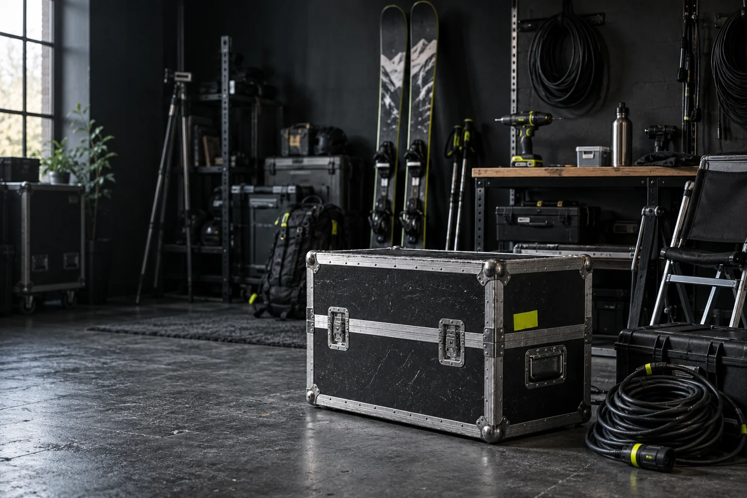 Illustrative campaign image: Equipment cases, skis and tools arranged in an equipment store
