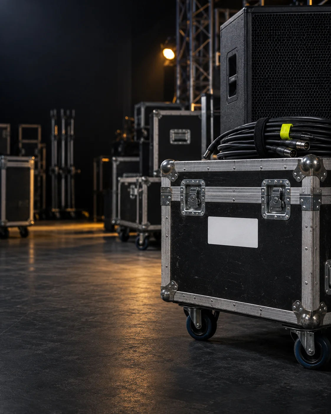 Illustrative campaign image: Flight cases, speaker and cables ready for an event