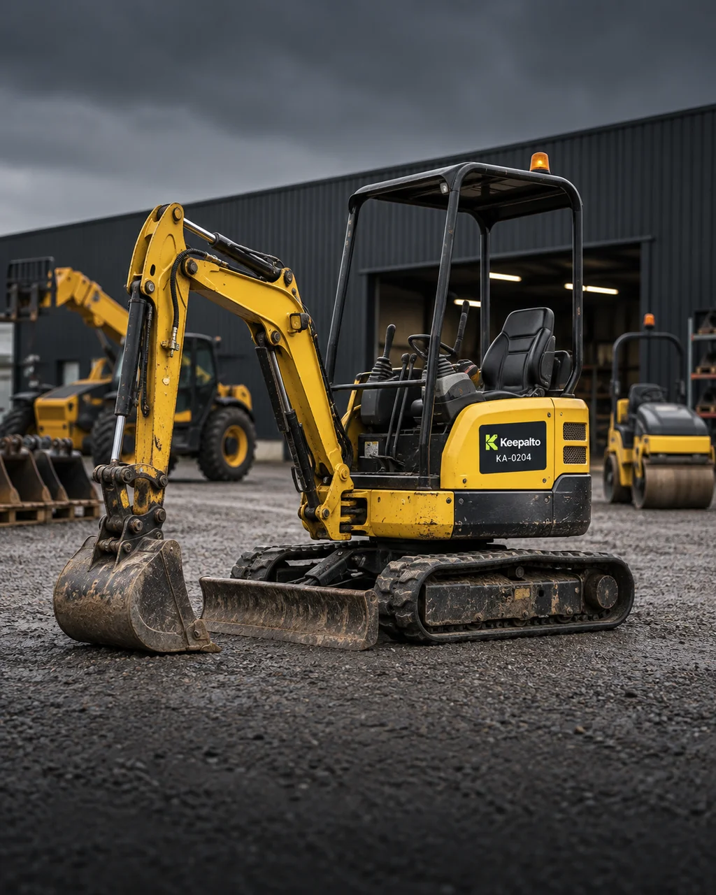 Illustrative campaign image: Mini excavator with a Keepalto asset sticker in a plant hire yard, with a roller and telehandler behind