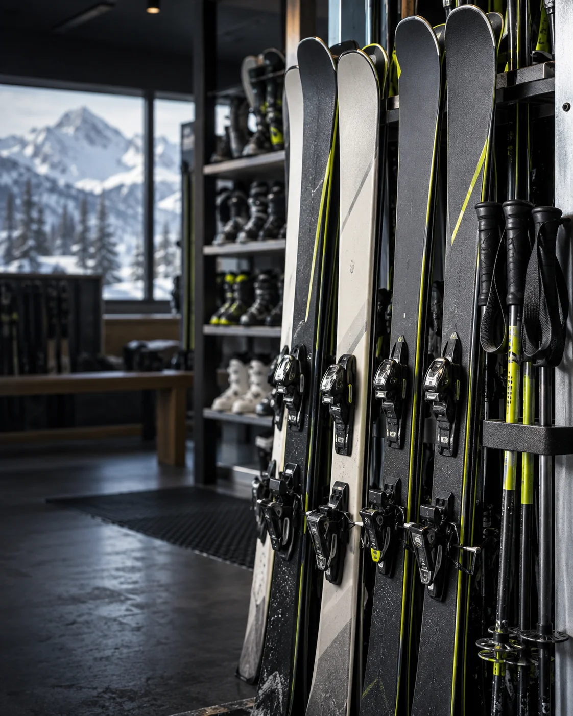 Illustrative campaign image: Skis and poles organised in an alpine rental shop