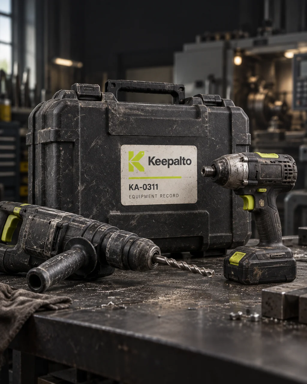Illustrative campaign image: Workshop power tools and a rugged case carrying a Keepalto equipment identification sticker